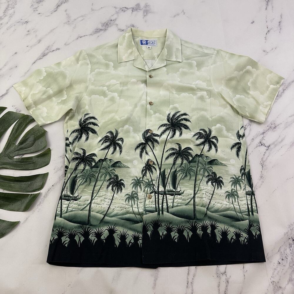 RJC Mens Vintage 90s Hawaiian Shirt Size M Green White Palm Tropical Beach Aloha